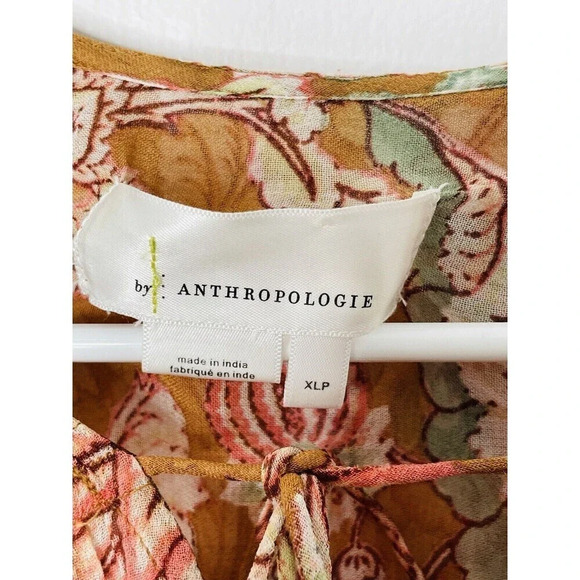 By Anthropologie Pullover Blouse XLP Sheer Floral Flowy Boho Tassels Tie Neck - Picture 7 of 12